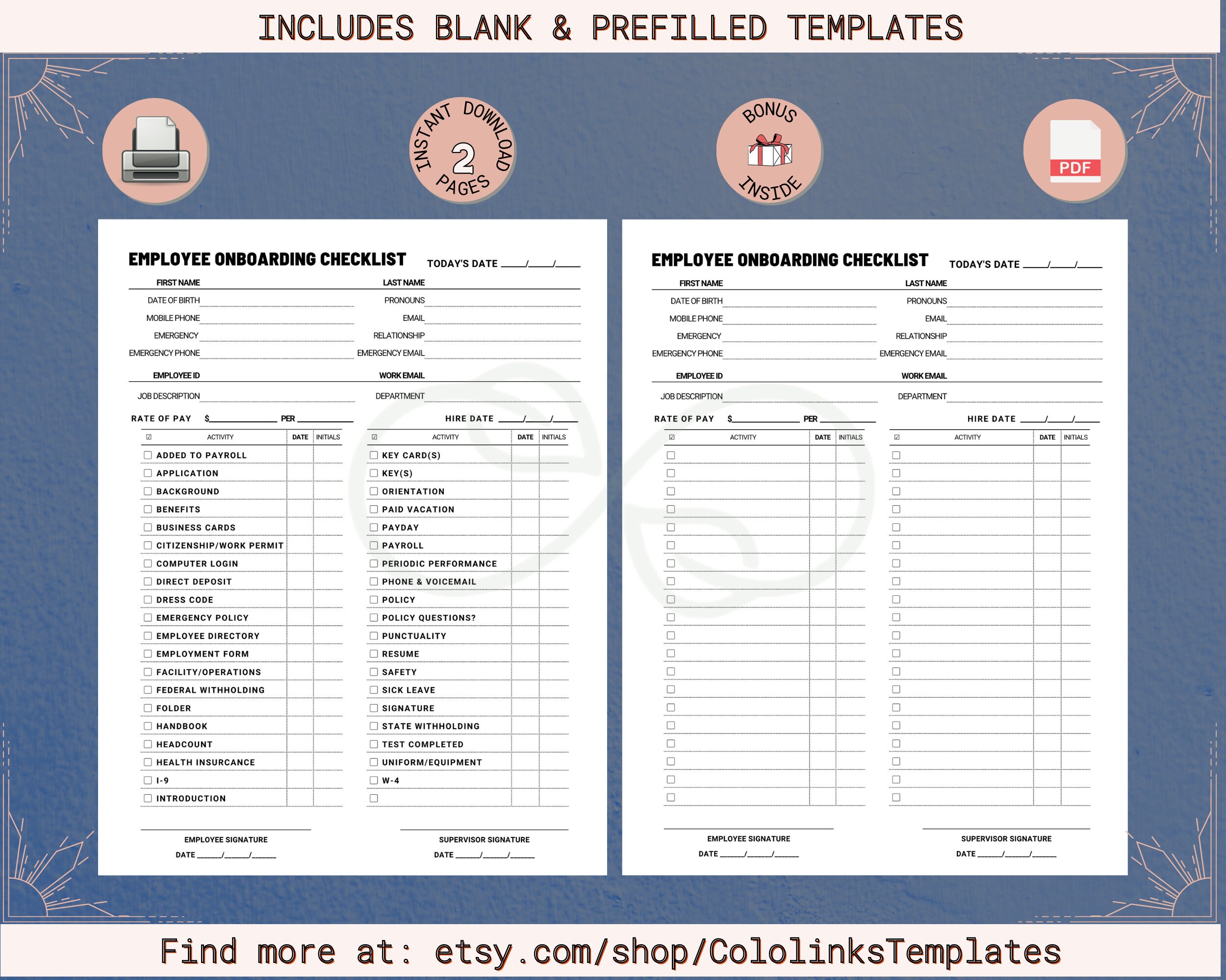 Set of 2 PRINTABLE New Hire Checklist, Employee Onboarding Checklist, Onboarding Template, HR ...