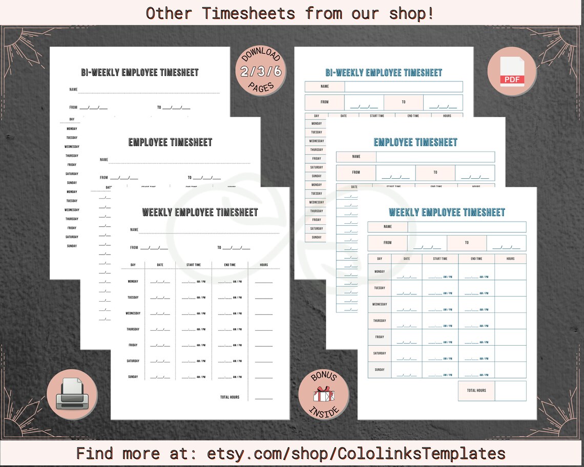 Set of 3 PRINTABLE Employee Timesheet Bundle, Time Tracker, Employee ...