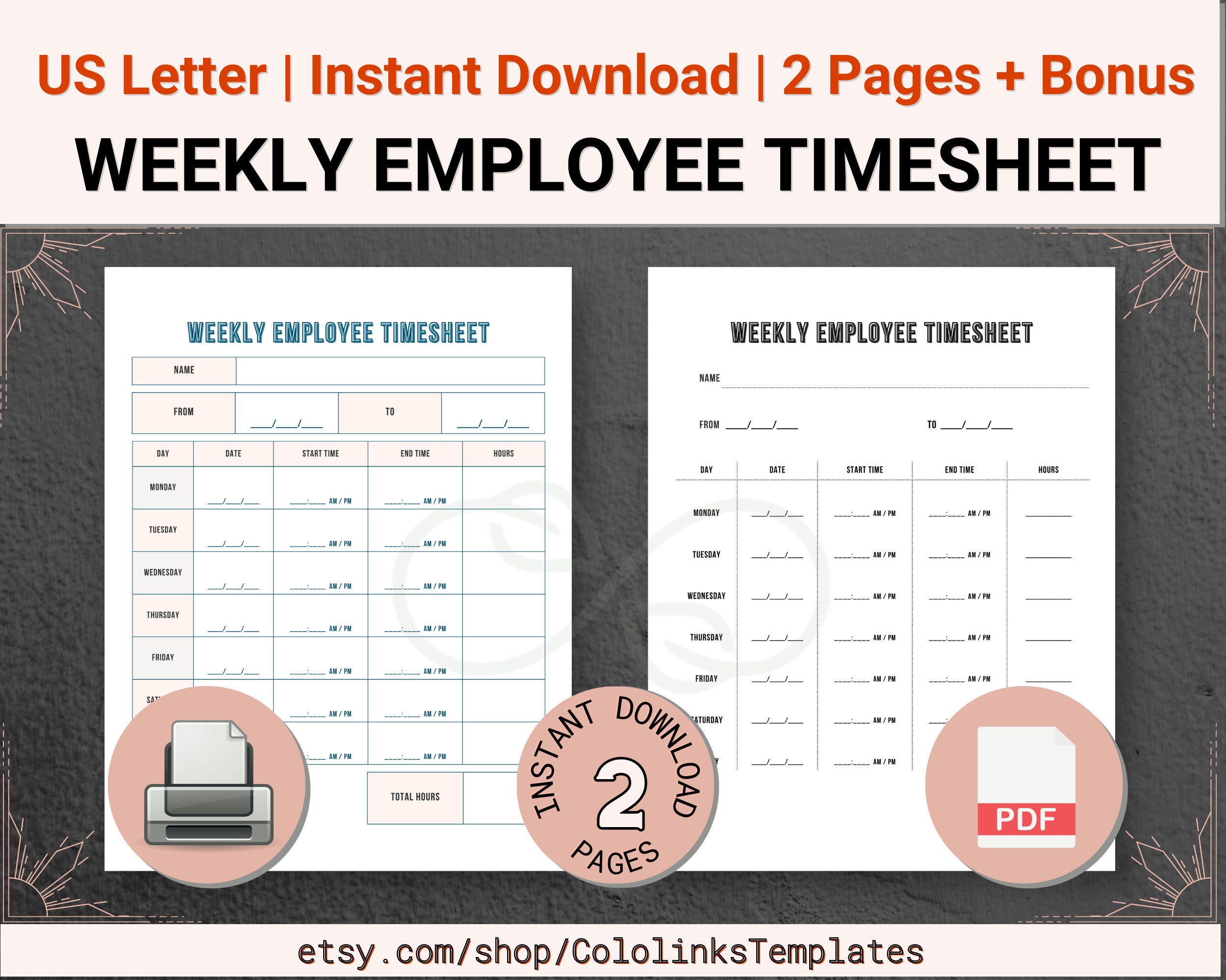 Set of 2 PRINTABLE Employee Timesheet Bundle Time Tracker Etsy