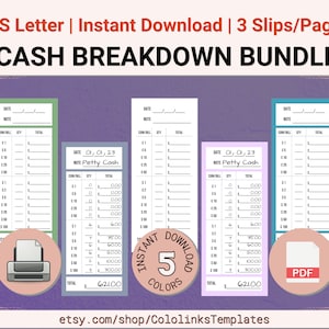 Set of 5 PRINTABLE Cash Breakdown Slips, Teller Slips, Cash Inserts, Bank Slip, Coins Bills, Cents Dollars Count, Money Breakdown Slips V3