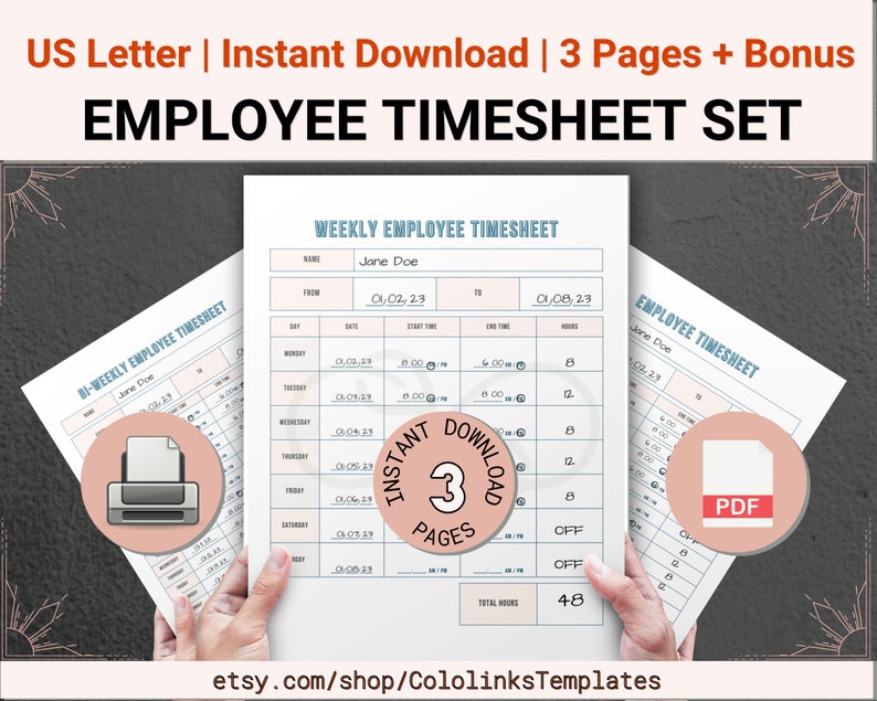 Set of 3 PRINTABLE Employee Timesheet Bundle, Time Tracker, Employee
