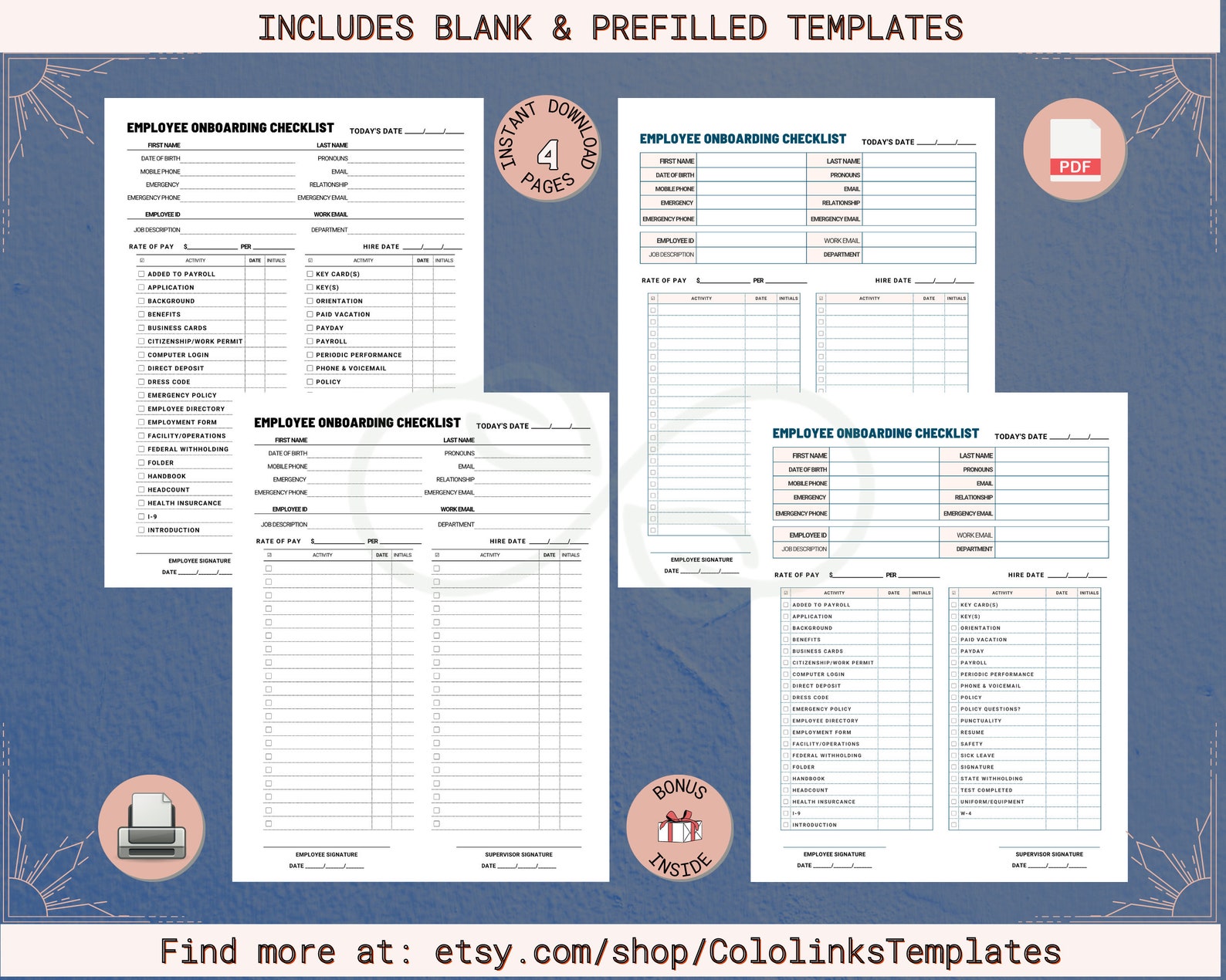 Set of 4 PRINTABLE New Hire Checklist, Employee Onboarding Checklist, Onboarding Template, HR ...