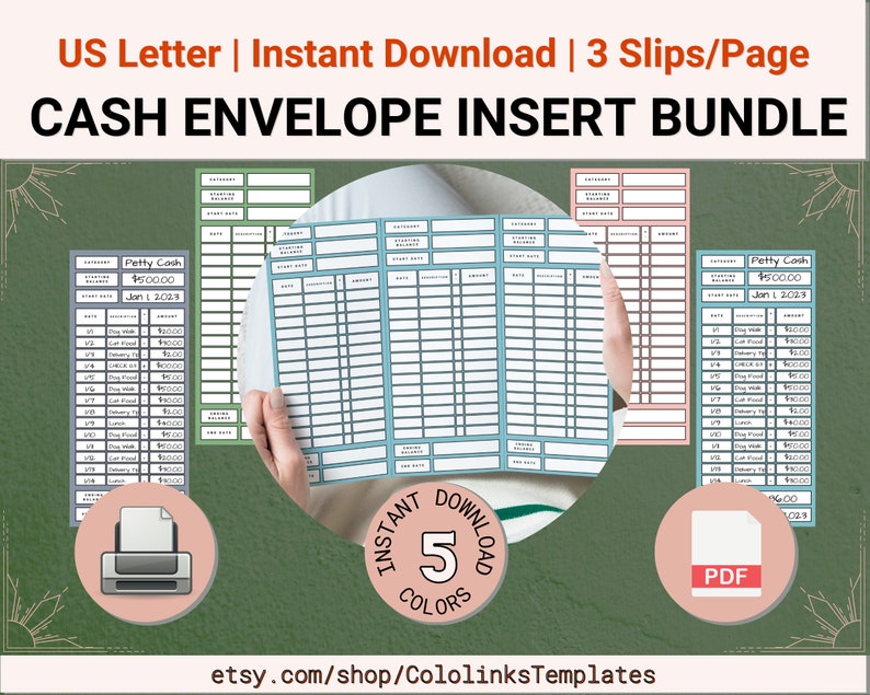 Set of 5 PRINTABLE Cash Envelope Inserts, Budgeting Inserts, Cash ...