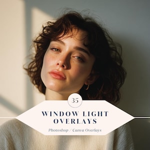 Puede incluir: Retrato de una mujer con cabello castaño rizado y pecas, iluminada con luz suave. La imagen incluye el texto "35 WINDOW LIGHT OVERLAYS Photoshop / Canva Overlays."