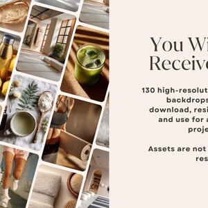 May include: A collage of lifestyle images including a glass of juice with ice cubes, a bottle of water with a lemon slice, and a rolled yoga mat. Text reads "You Will Receive: 130 high-resolution backdrops to download, resize, and use for any project! Assets are not for resell."
