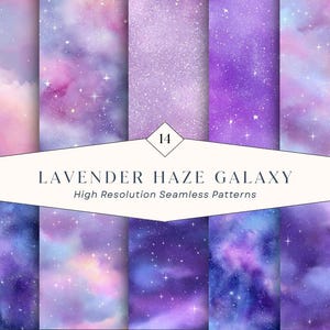 Pode incluir: Uma coleção de 14 padrões digitais sem costura com temas de galáxias em lavanda, roxo e azul, com aglomerados de estrelas e nuvens de nebulosas. O texto central diz 14 LAVENDER HAZE GALAXY High Resolution Seamless Patterns.