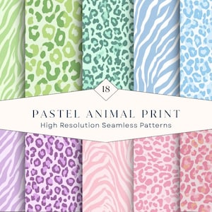 May include: A collection of 18 seamless digital patterns featuring pastel animal prints in zebra stripes and leopard spots. The color palette includes shades of light green, mint, blue, purple, and pink. Text reads 18 PASTEL ANIMAL PRINT.