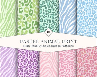 18 Pastel Animal Print Seamless Patterns – Soft Zebra and Leopard Digital Papers in Pink, Blue, Purple, and Green | Instant Download