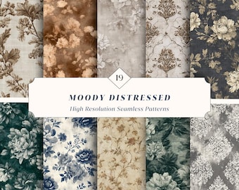 19 Moody Distressed Seamless Patterns – Vintage Floral Digital Papers | Instant Download