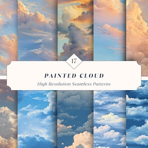 Puede incluir: Una colección de 17 patrones digitales sin costuras con diseños de nubes pintadas en varios tonos de azul, blanco y naranja atardecer. La etiqueta blanca central muestra el texto 17 PAINTED CLOUD High Resolution Seamless Patterns.