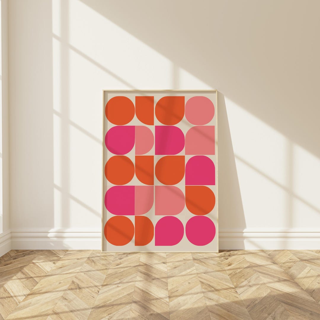 Mid Century Geometric Wall Art – Retro Abstract Shapes Print – Pink and ...