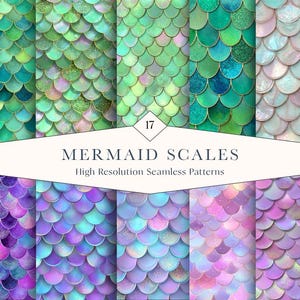 17 Mermaid Scales Seamless Patterns – Iridescent Scale Backgrounds with Glitter Texture | Instant Download
