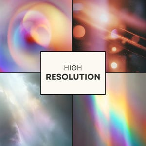 May include: A collage of four abstract images with vibrant colors and light effects. The top left features swirling pink, yellow, and blue hues. The top right shows a red and orange lens flare. The bottom left depicts a cloudy sky, and the bottom right displays a rainbow spectrum. The text "HIGH RESOLUTION" is in a white box.