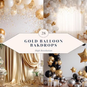 May include: A collage of gold balloon backdrops. The images feature gold, white, and black balloons, gold confetti, and gold star-shaped balloons. The text on the image reads "28 GOLD BALLOON BACKDROPS High Resolution."