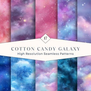 Könnte beinhalten: Eine Sammlung von 17 nahtlosen digitalen Mustern mit Zuckerwatte-Galaxie-Motiven, rosa, violetten und blauen Nebelwolken und weißen Sternen. Das zentrale weiße Banner zeigt den Text 17 COTTON CANDY GALAXY High Resolution Seamless Patterns.