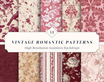 14 Vintage Romantic Seamless Backdrops – Floral Toile, Damask & Soft Rose Patterns | Instant Download