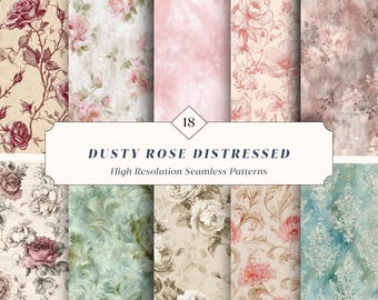 18 Dusty Rose Distressed Seamless Backdrops – Vintage Floral, Damask & Shabby Chic Patterns | Instant Download