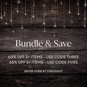 May include: A dark wooden background with the words "Bundle & Save" in white. Below, text offers discounts: 60% off 3+ items with code THREE, and 65% off 5+ items with code FIVE5. The text "Enter code at checkout" is also present.