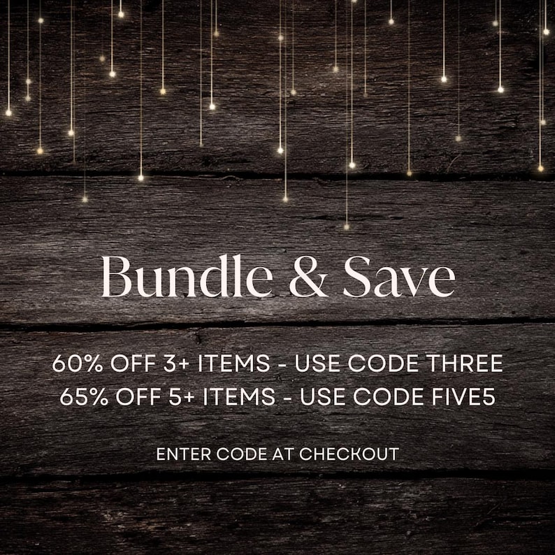 May include: A dark wooden background with the words "Bundle & Save" in white. Below, text offers discounts: 60% off 3+ items with code THREE, and 65% off 5+ items with code FIVE5. The text "Enter code at checkout" is also present.