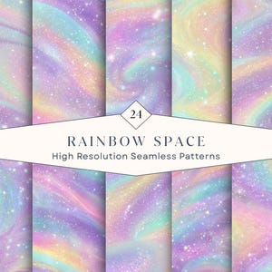 Puede incluir: Una colección de 24 patrones digitales sin costuras con un tema de espacio arcoíris con colores pastel arremolinados, incluyendo rosa, morado, azul y amarillo, acentuados por un fino polvo de estrellas blancas en cada diseño gráfico.