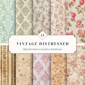 May include: A collection of vintage distressed high-resolution seamless backdrops. The image displays various patterns, including floral, damask, and striped designs in soft pastel colors such as green, pink, and beige. The text "VINTAGE DISTRESSED" is displayed in a banner.