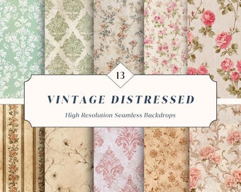 13 Vintage Distressed Seamless Backdrops – Aged Floral & Damask Patterns for Canva + Photoshop | Instant Download