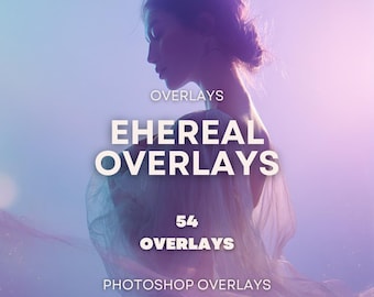 May include: A digital collection of 54 ethereal overlays for Photoshop, featuring a soft, dreamy aesthetic with light purple and blue gradients. The text reads: OVERLAYS, EHEREAL OVERLAYS, 54 OVERLAYS, PHOTOSHOP OVERLAYS, displayed in white.