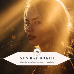 May include: A woman with blonde hair is illuminated by golden sunlight, with sun rays and bokeh effects. The image includes text that reads "SUN RAY BOKEH" and "High Resolution Photoshop Overlays".