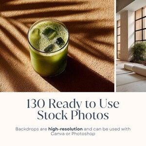 May include: A refreshing green beverage with ice cubes in a clear glass. The drink sits on a textured, tan surface with shadows. The image also shows a yoga mat and a bright room with large windows. Text reads: "130 Ready to Use Stock Photos."