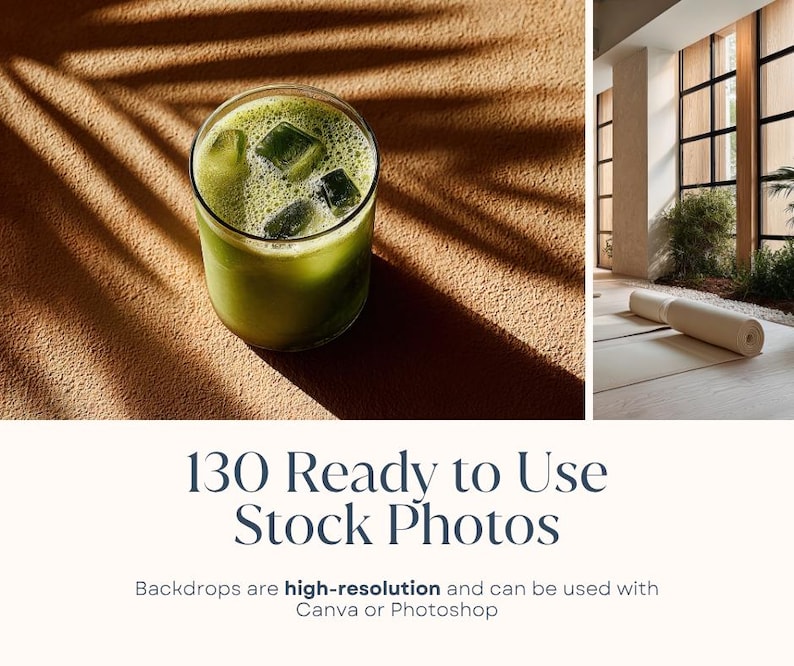 May include: A refreshing green beverage with ice cubes in a clear glass. The drink sits on a textured, tan surface with shadows. The image also shows a yoga mat and a bright room with large windows. Text reads: "130 Ready to Use Stock Photos."