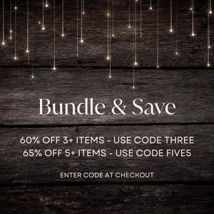 May include: A dark wooden background with the words "Bundle & Save" in white. Below, text offers discounts: 60% off 3+ items with code THREE, and 65% off 5+ items with code FIVE5. The text "Enter code at checkout" is also present.