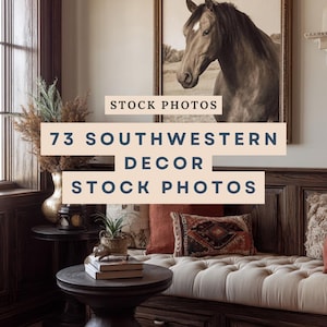 May include: A cozy Southwestern-themed interior with a framed horse portrait, tufted bench, and decorative pillows. The image includes text that reads "STOCK PHOTOS" and "73 SOUTHWESTERN DECOR STOCK PHOTOS". The room features dark wood paneling, side tables, and a window.
