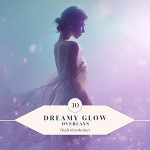 Peut inclure: Image numérique d'une femme vêtue d'une robe blanche fluide, sur un fond onirique de violets et de bleus. Le texte "30 DREAMY GLOW OVERLAYS High Resolution" est inclus.