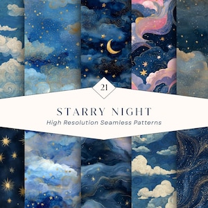 May include: A collection of 21 seamless digital patterns featuring starry night sky themes with deep blue backgrounds, golden stars, crescent moons, and swirling clouds. The central white label displays the text 21 STARRY NIGHT High Resolution Seamless Patterns.