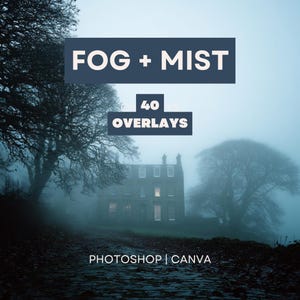 Könnte beinhalten: Ein stimmungsvolles Bild eines Hauses im Nebel, mit kahlen Bäumen. Text zeigt "FOG + MIST" und "40 OVERLAYS", darunter "PHOTOSHOP | CANVA". Die Szene erzeugt eine geheimnisvolle Atmosphäre und deutet auf digitale Designressourcen hin.