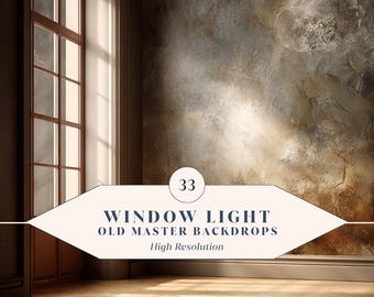 33 Window Light Old Master Backdrops – High-Resolution Sunlit Wall Backgrounds for Canva + Photoshop | Instant Download