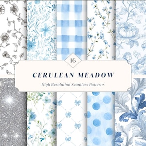 Op de afbeelding: Een verzameling van 16 naadloze patronen met hoge resolutie in blauw- en wittinten. Ontwerpen omvatten bloemen-, ruit-, stippen- en strikpatronen. De tekst "CERULEAN MEADOW" wordt op een banner weergegeven.