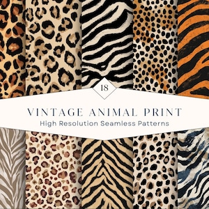 Peut inclure: Une collection de dix-huit motifs numériques sans raccord présentant divers imprimés animaliers, dont des taches de léopard, des rayures de zèbre et des motifs de tigre dans des tons noir, marron, orange et beige avec le texte 18 VINTAGE ANIMAL PRINT.