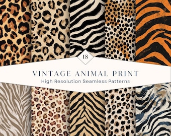 18 Vintage Animal Print Seamless Patterns – Neutral Leopard and Zebra Digital Papers | Instant Download