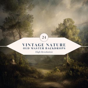 May include: A vintage-style nature backdrop with a soft, muted color palette. The image features a forest scene with trees, a path, and a misty atmosphere. Text on the image reads "VINTAGE NATURE OLD MASTER BACKDROPS High Resolution".