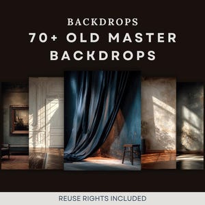 Pode incluir: Um anúncio de fundos com o texto "BACKDROPS" e "70+ OLD MASTER BACKDROPS". A imagem mostra cinco designs de fundo diferentes, incluindo uma cortina azul escura, uma sala com uma pintura e uma sala com luz solar.