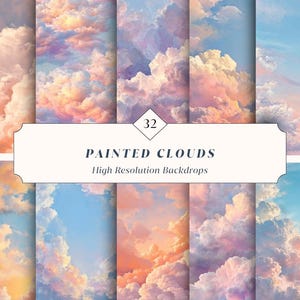 May include: A collection of high-resolution digital backdrops featuring painted clouds in various colors. The images showcase fluffy clouds in shades of pink, orange, purple, and blue, with a text overlay that reads "PAINTED CLOUDS" and "High Resolution Backdrops".