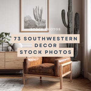May include: A living room scene with a brown leather armchair, wooden frame, a framed black and white cactus print, and a tall cactus in a pot. The text overlay reads "73 Southwestern Decor Stock Photos".