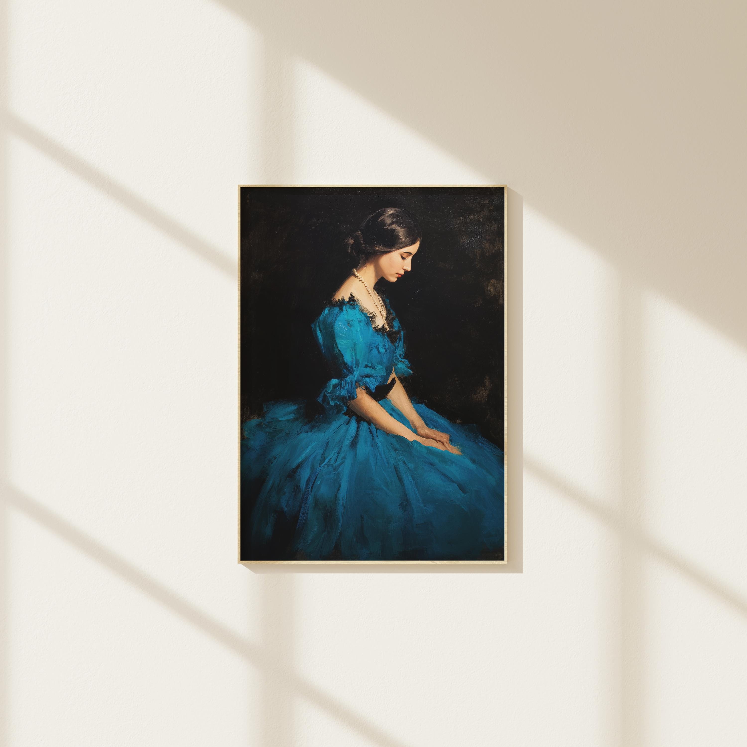 Vintage Portrait Wall Art – Elegant Woman in Blue Dress Oil Painting ...