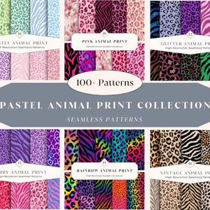 Könnte beinhalten: Eine digitale Sammlung von über 100 nahtlosen Tierdruckmustern mit Pastell-, Pink-, Glitzer-, Beeren-, Regenbogen- und Vintage-Themen. Das Bild zeigt verschiedene Leoparden- und Zebramuster in unterschiedlichen Farbpaletten mit Textbeschriftungen.