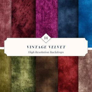 Può includere: Una collezione di sfondi in velluto vintage in vari colori, tra cui tonalità di rosso, viola, blu e verde. L'immagine presenta una varietà di trame e toni, con il testo "VINTAGE VELVET High Resolution Backdrops" visualizzato su uno striscione.