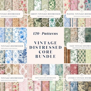 Pode incluir: Uma coleção de padrões de papel digital vintage desgastado em várias cores, incluindo rosa, azul, verde e pastel. A imagem apresenta múltiplos conjuntos de padrões com designs florais e texturizados, rotulados com texto como "Vintage Distressed Core Bundle."