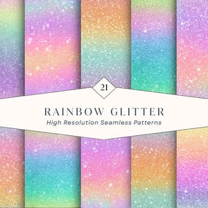 Könnte beinhalten: Eine Sammlung von einundzwanzig nahtlosen digitalen Mustern mit Regenbogen-Glitzerverläufen und funkelnden Texturen. Das weiße Etikett in der Mitte zeigt den Text 21 RAINBOW GLITTER High Resolution Seamless Patterns in Dunkelblau.