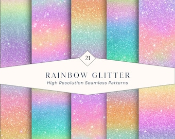 21 Rainbow Glitter Seamless Patterns – Pastel Rainbow Glitter Digital Papers with Gradient Glitter | Instant Download