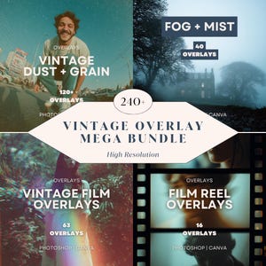 Peut inclure: Un ensemble numérique de plus de 240 superpositions photo vintage. Comprend des effets de poussière et de grain, de brouillard et de brume, de film et de bobine de film. Compatible avec Photoshop et Canva. Haute résolution.